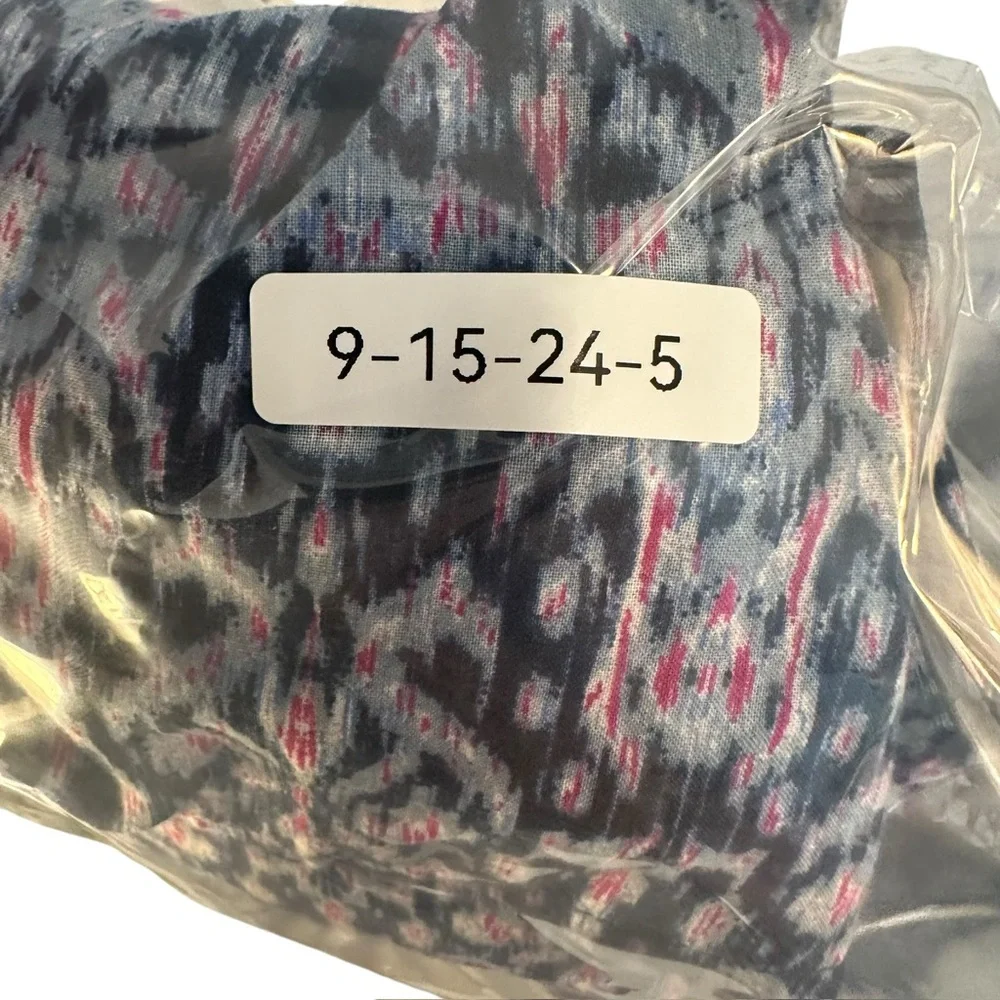 Banana Republic Navy Blue Ikat Print Tie-Neck Blouse with Pink Accents